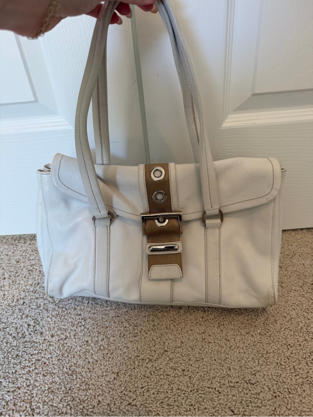 Prada Vintage White Grained Leather Large Buckle Flap Shoulder Bag